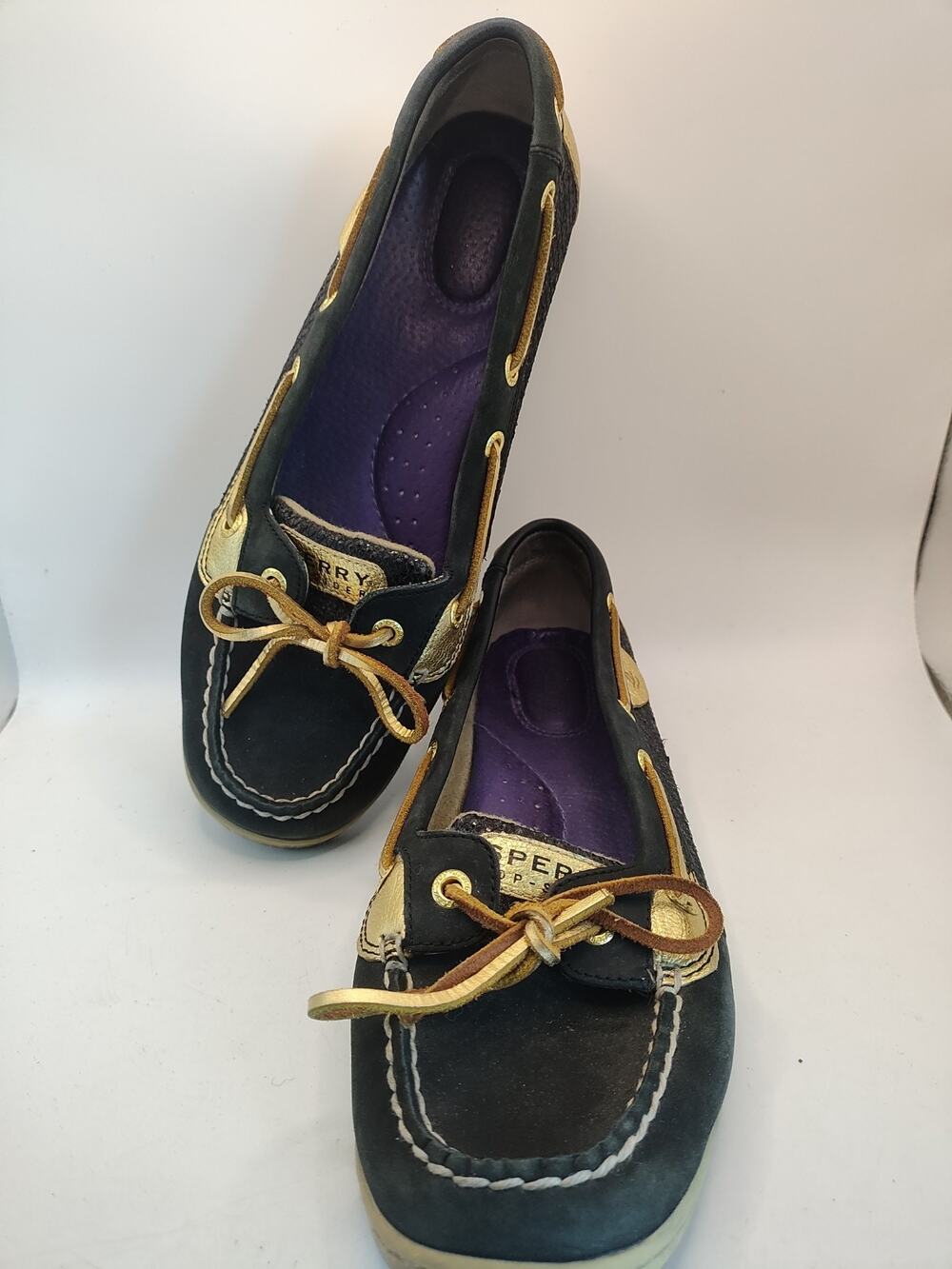 SPERRY Top Sider Angelfish Black Gold Metallic Women 9.5 Coastal Nautical